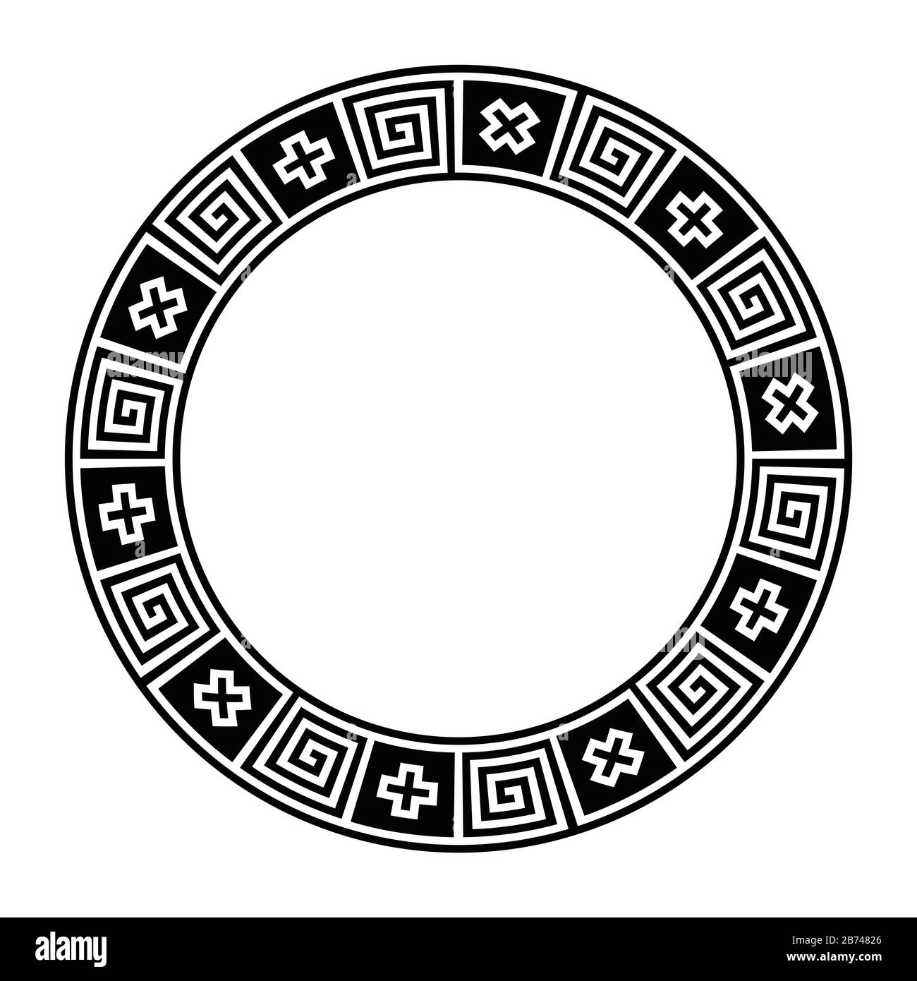 Classical Greek meander, circle frame, made of seamless meander pattern. Decorative border with meanders and crosses in black squares. Greek key. Stock Photo