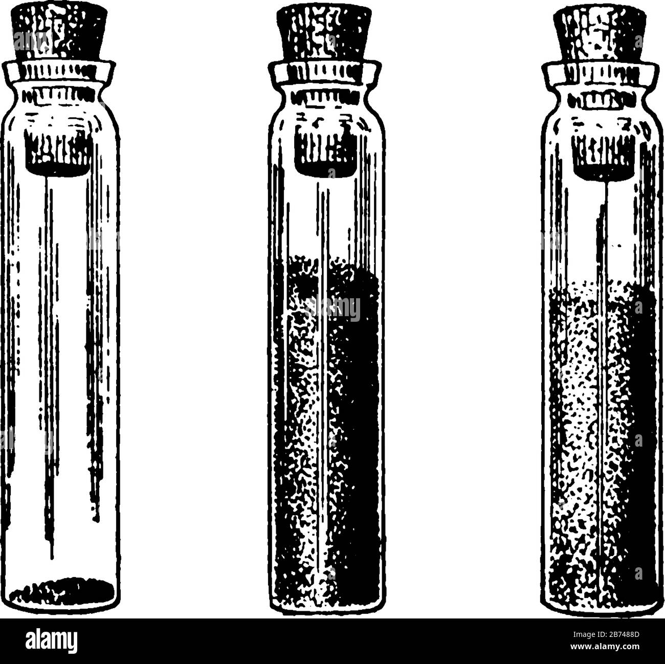 A stoppered vial two-thirds filled with a darkish granular substance, vintage line drawing or engraving illustration. Stock Vector