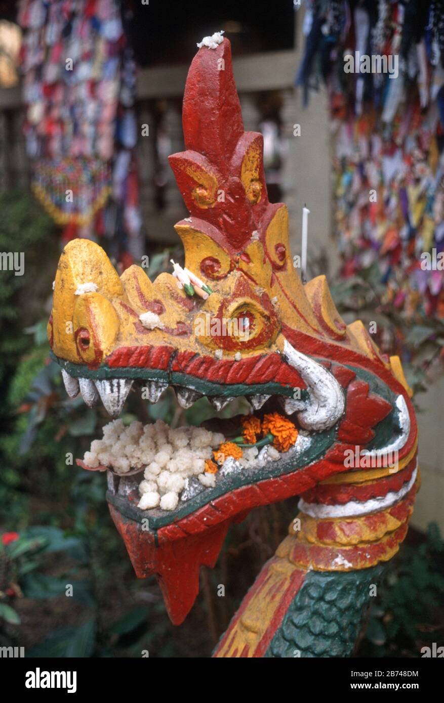 Statue of a Phaya Naga at Pha That Luang (the Great Stupa) in Vientiane, Laos. Its mouth is filled with floral offerings in white and orange. Naga are water serpents living in the River Mekong. Stock Photo