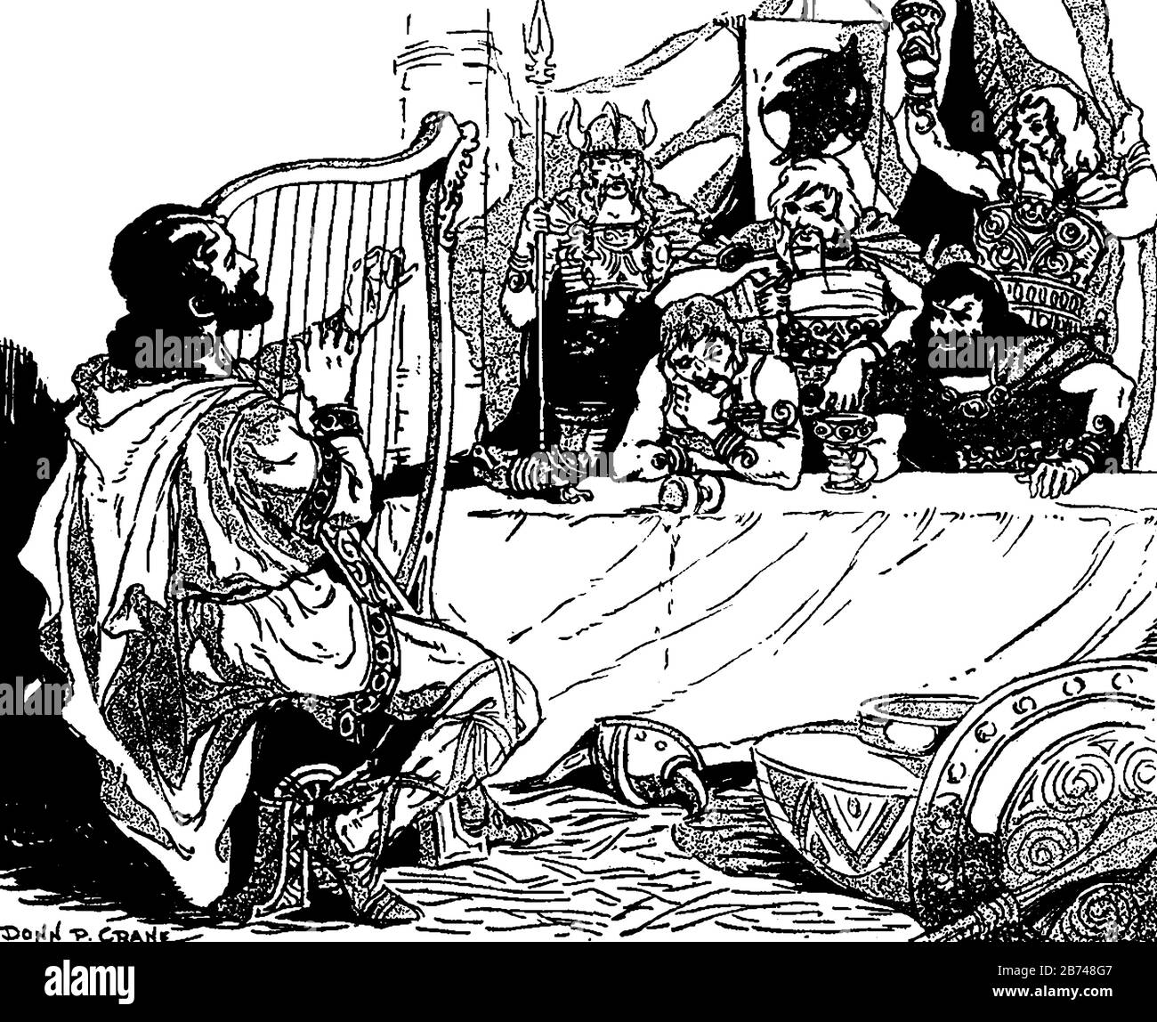 The king sitting near table and holding glass in hand and soldiers standing behind him, a man playing harp in front of them, vintage line drawing or e Stock Vector