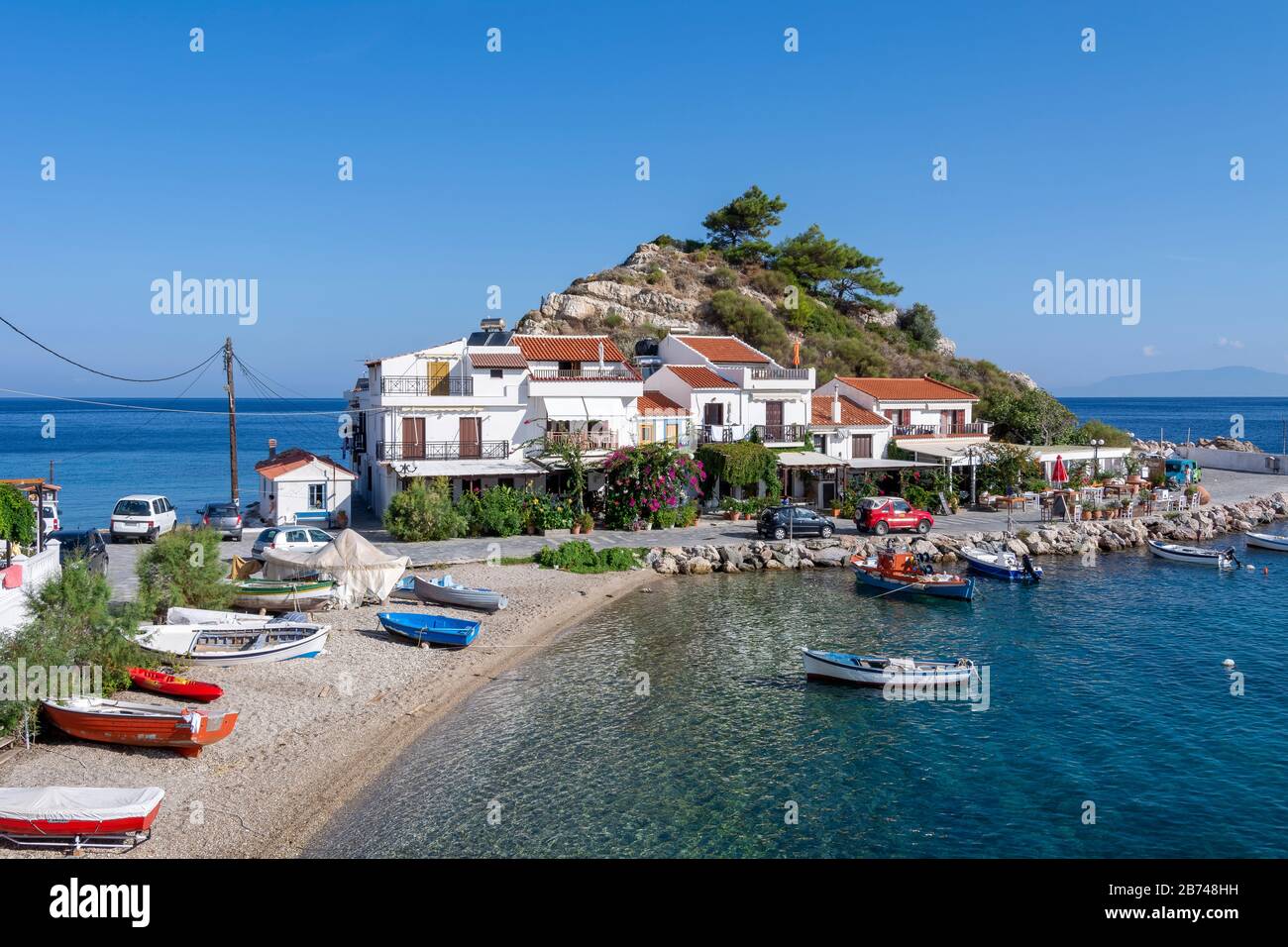 View over fishing harbour at Kokkari Samos Greece Stock Photo