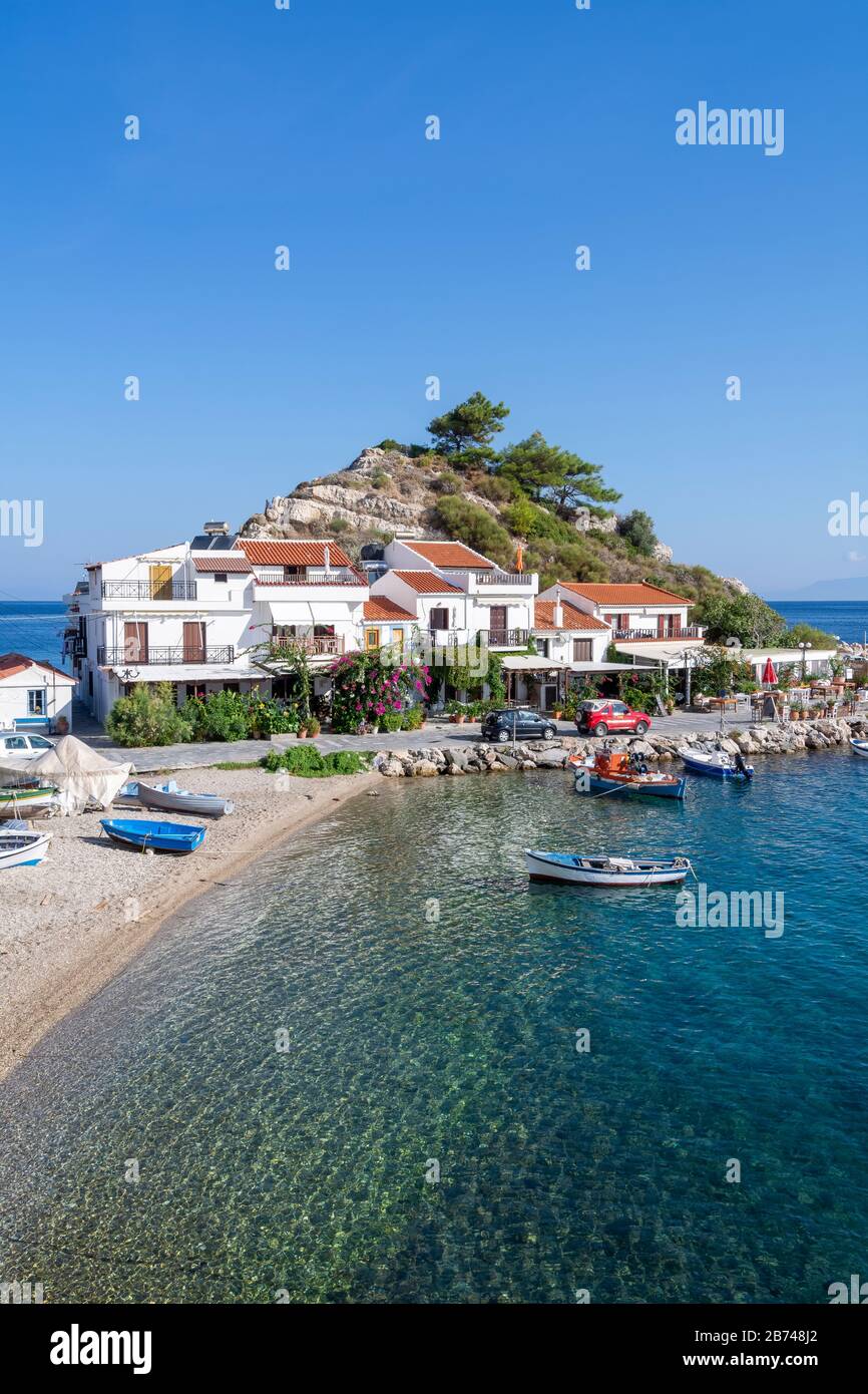 View over fishing harbour at Kokkari Samos Greece Stock Photo