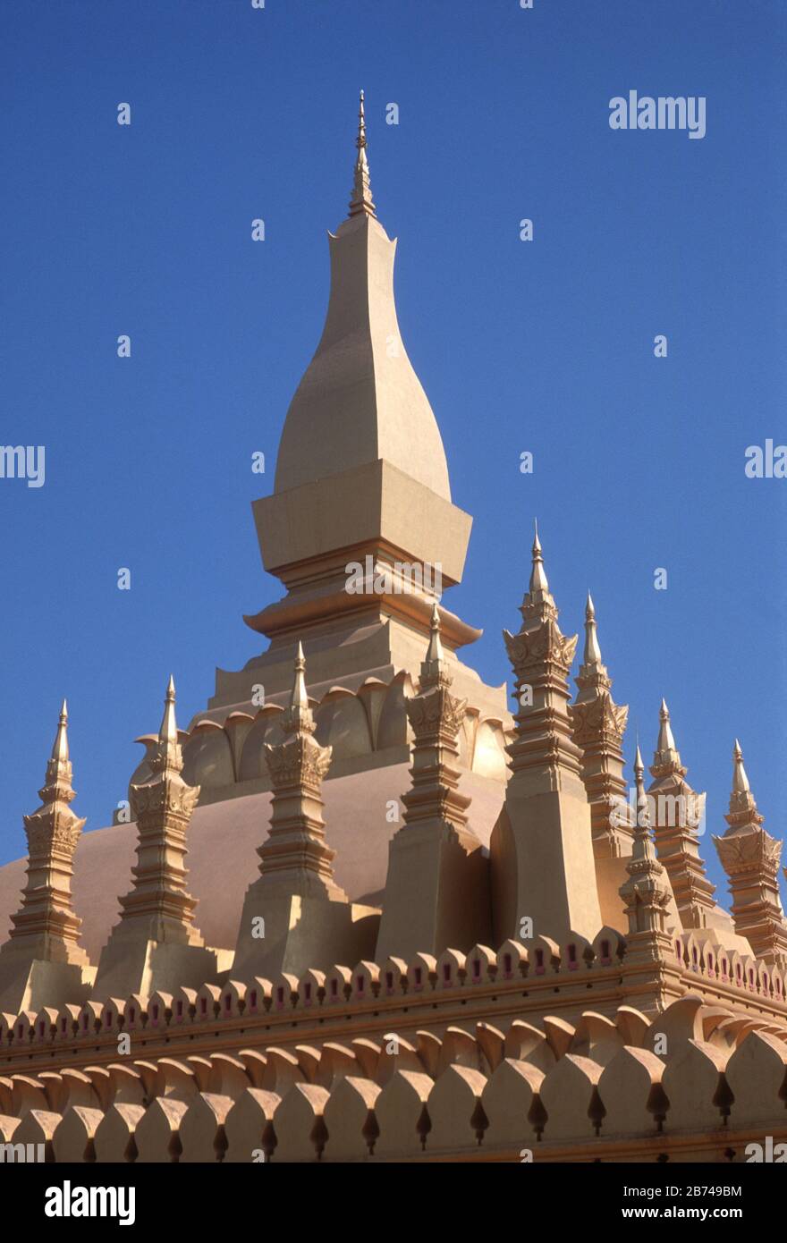 Pha That Luang (the Great Stupa) in Vientiane, Laos. The gold-covered Buddhist stupa was probably first built in the 3rd century, but rebuilt several times since. Stock Photo