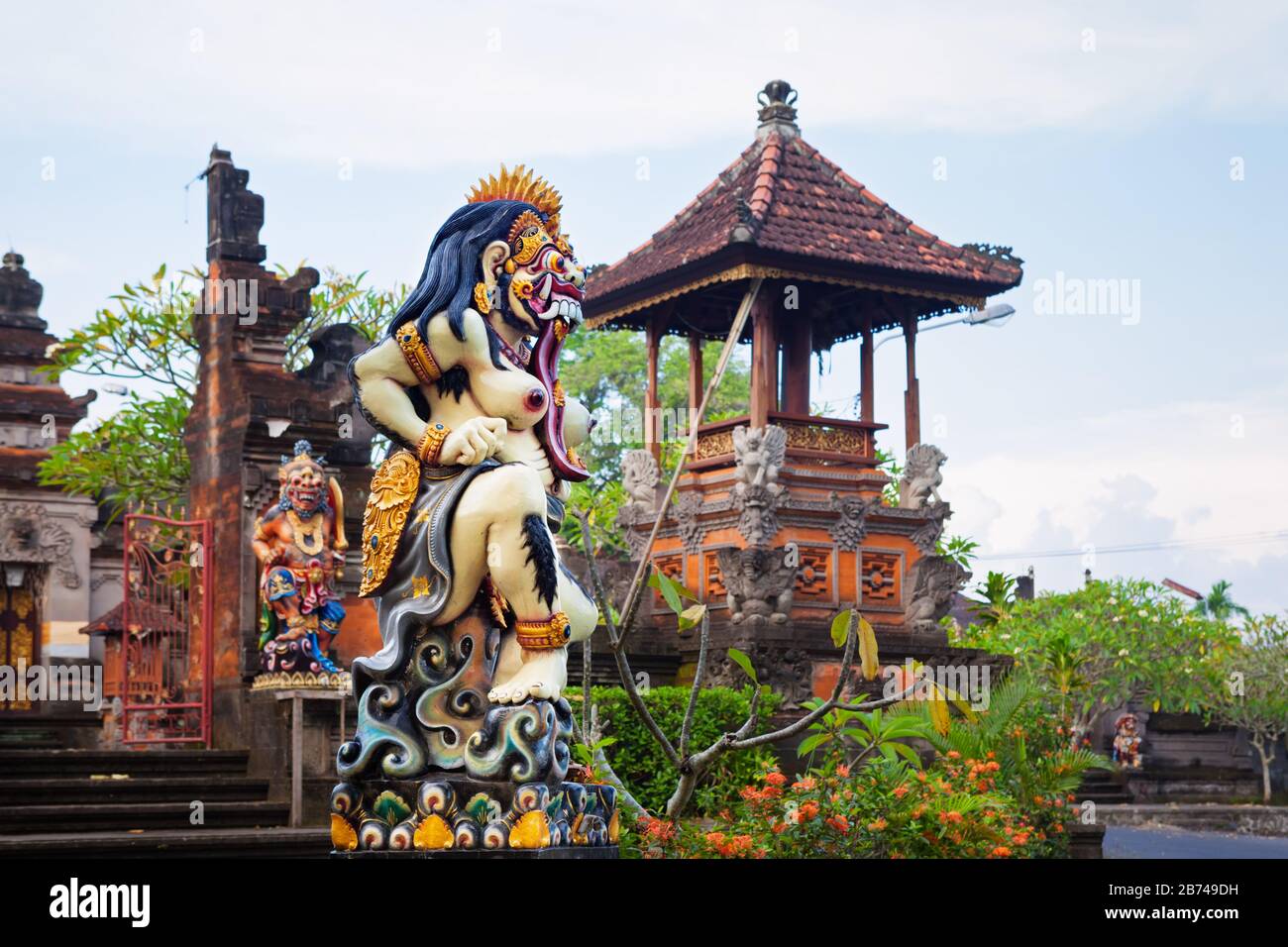 Details of traditional balinese hindu temple. Rangda - traditional spirit of Bali island at temple before Nyepi holiday and silence day. Stock Photo