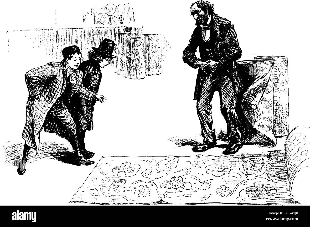 Prince Tommy, this scene shows a man with rolls of printed cloths and two men looking at cloth which spread on ground, vintage line drawing or engravi Stock Vector