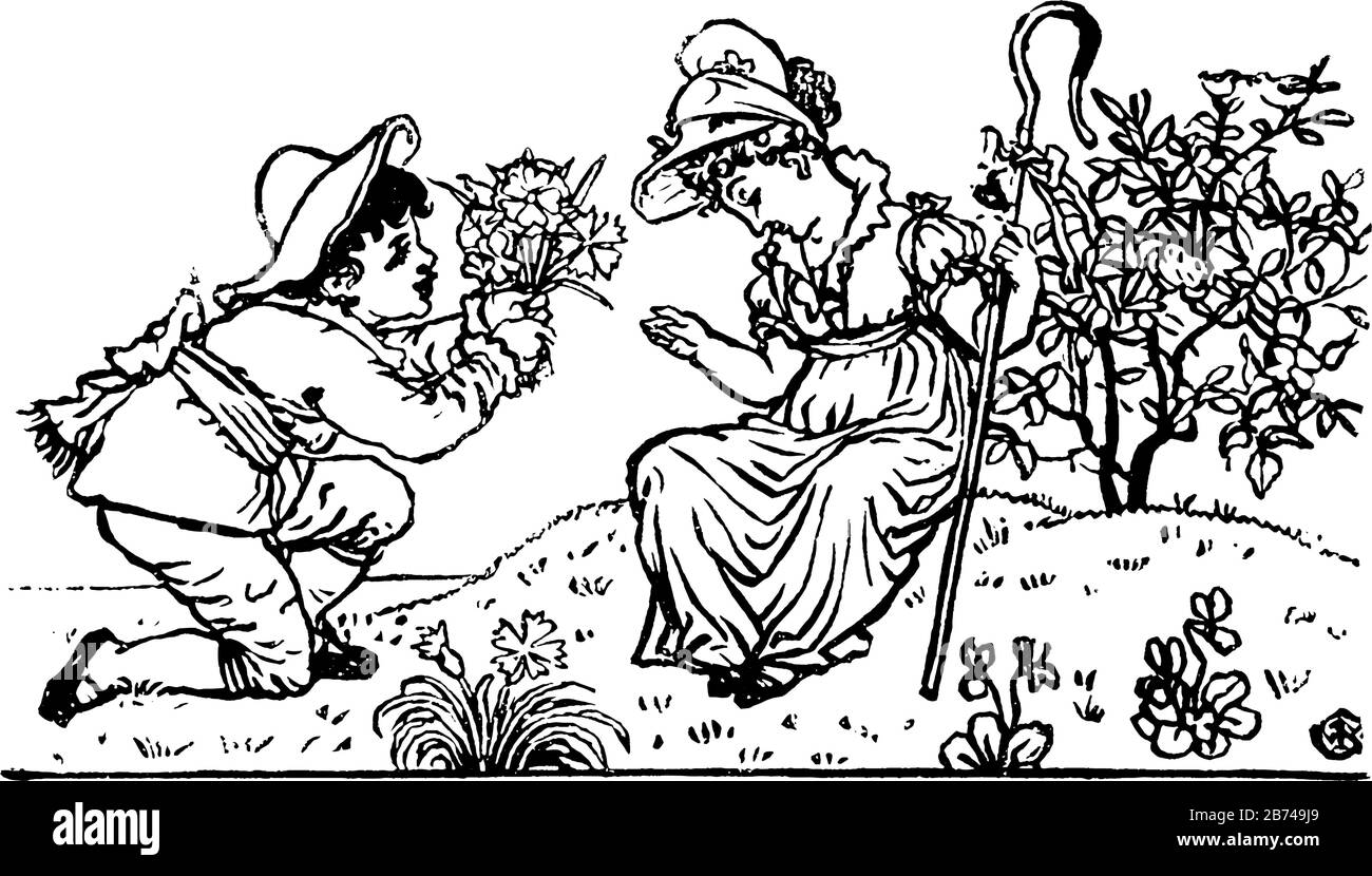 A boy with hat sitting on knees and giving bunch of flowers to girl sitting in front of him on ground, trees in background, vintage line drawing or en Stock Vector