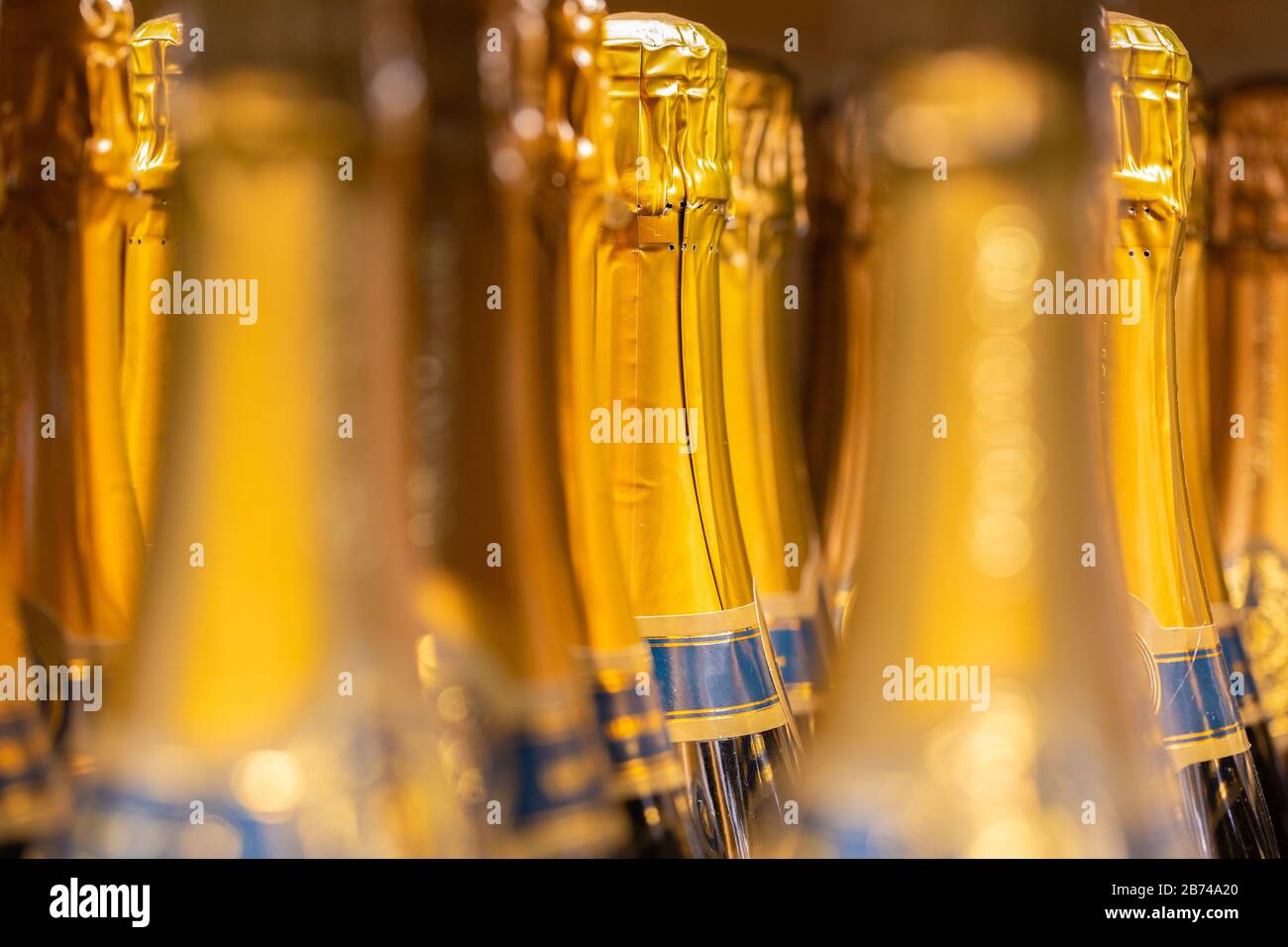 Close up of many / a group of sealed champagne / sparkling wine bottles. Golden colored foil with blue stripe. No logo. For celebration, party etc. Stock Photo