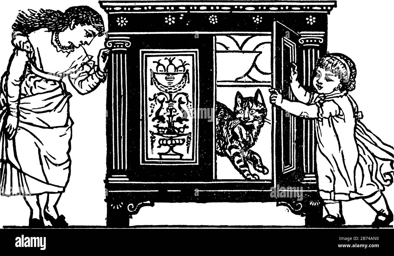 Cat S In The Cupboard This Scene Shows Two Girls Standing On Both Sides Of Cupboard One Girl Opened Door Of Cupboard And Found Cat In The Cupboard Stock Vector Image Art