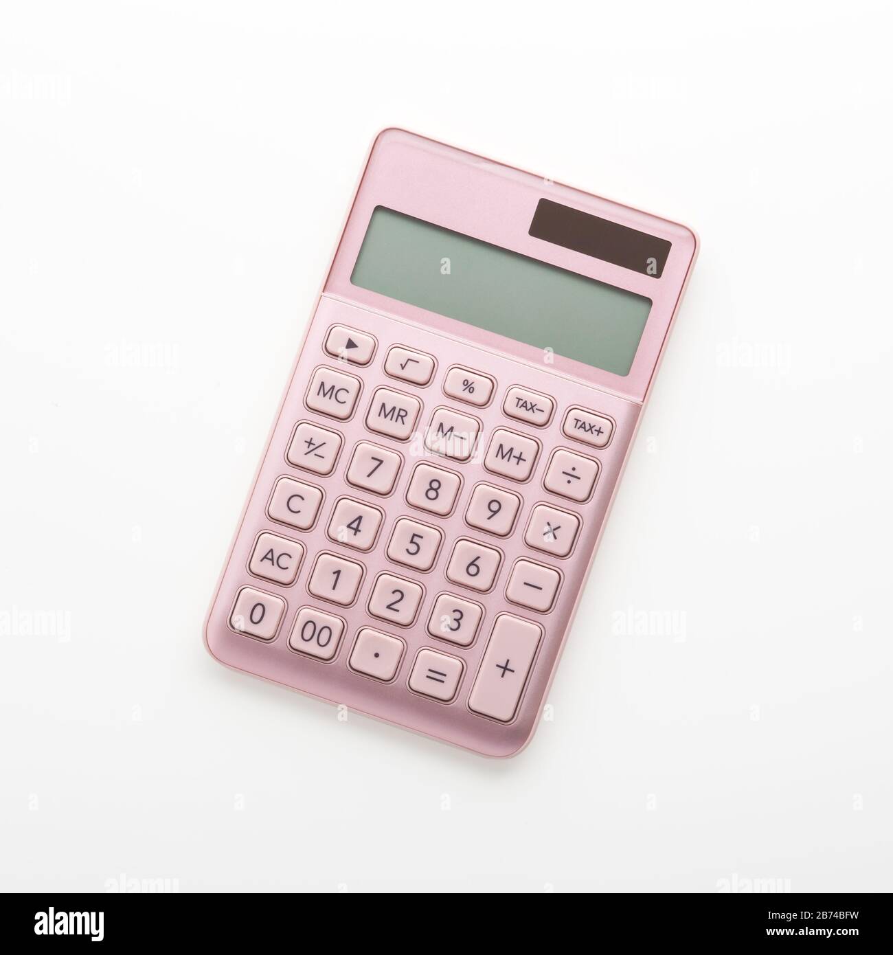 Pink gold calculator isolated on white background, top view Stock Photo