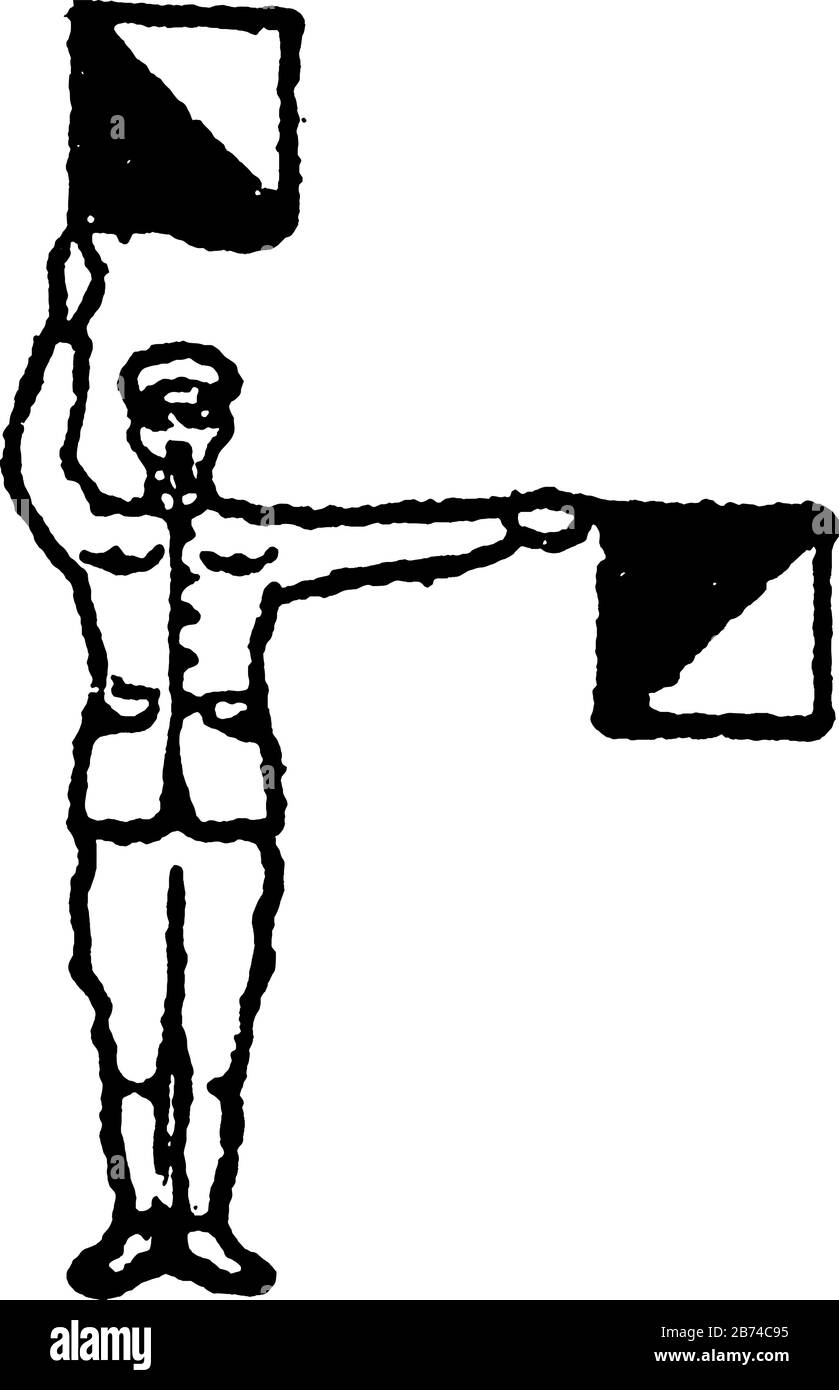 Flag signal for the letter J and the number 0, a man holding two flags, left hand 90 degree, right hand 180 degree up, vintage line drawing or engravi Stock Vector
