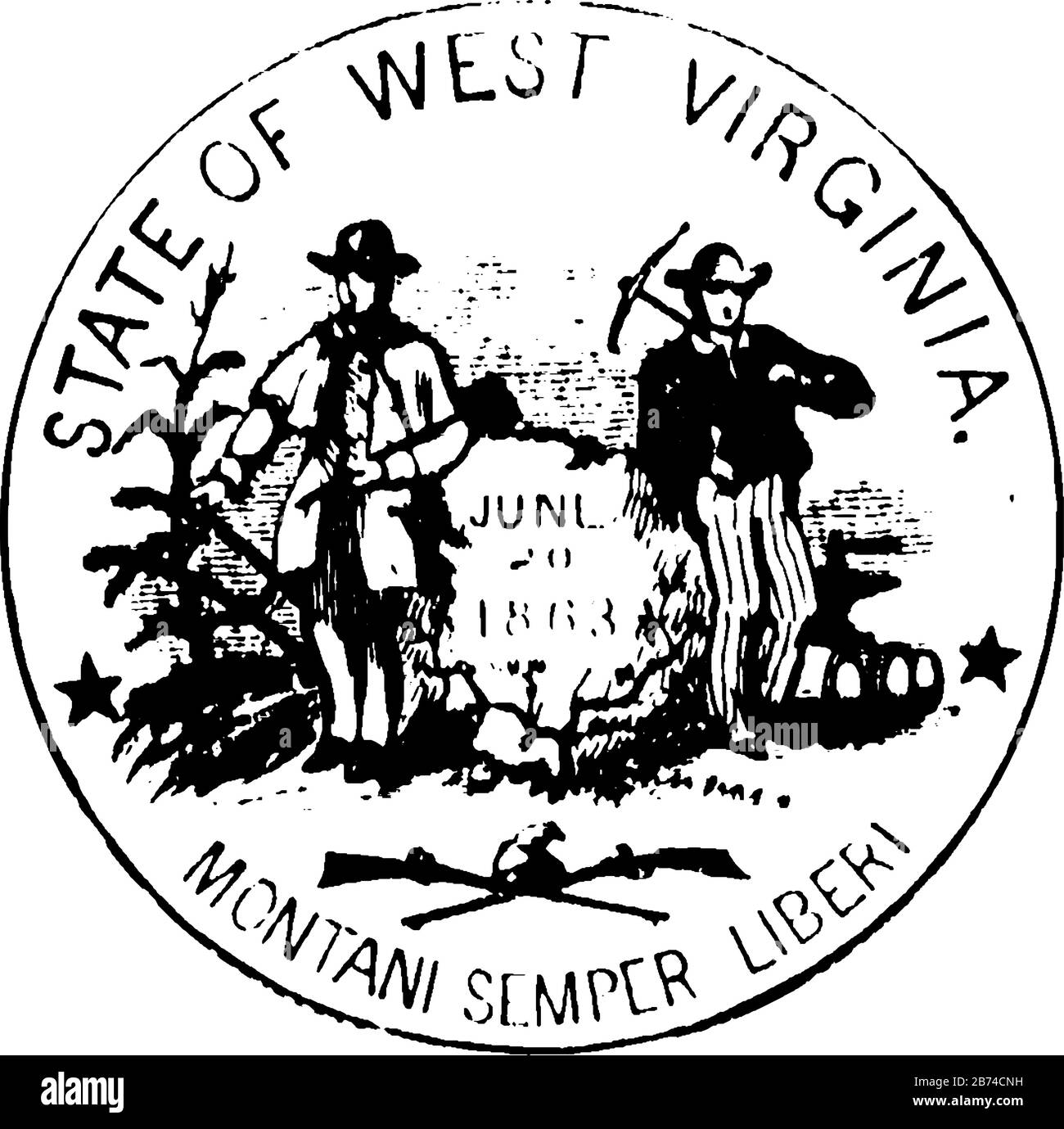Seal of the state of West Virginia, 1876, this seal has  guns & cornstalk, two men standing on either side of rock inscribed with date JUNE  20 1863, Stock Vector