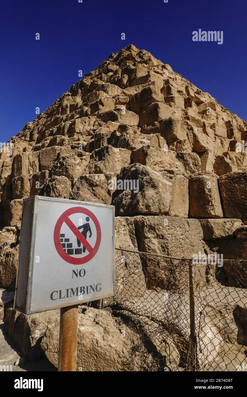 Cairo, Egypt A noclimbing sign on the grounds of the Pyramids of Giza