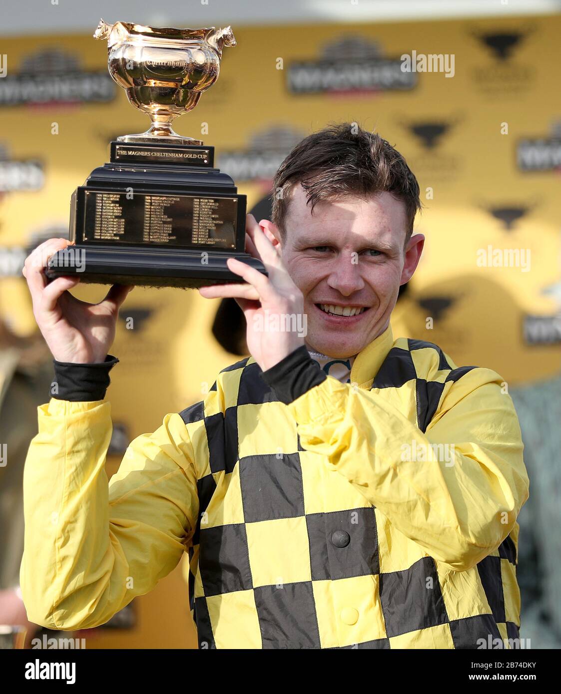Jockey Paul Townend celebrates after winning the Magners Cheltenham Gold Cup Chase during day four of the Cheltenham Festival at Cheltenham Racecourse. Stock Photo