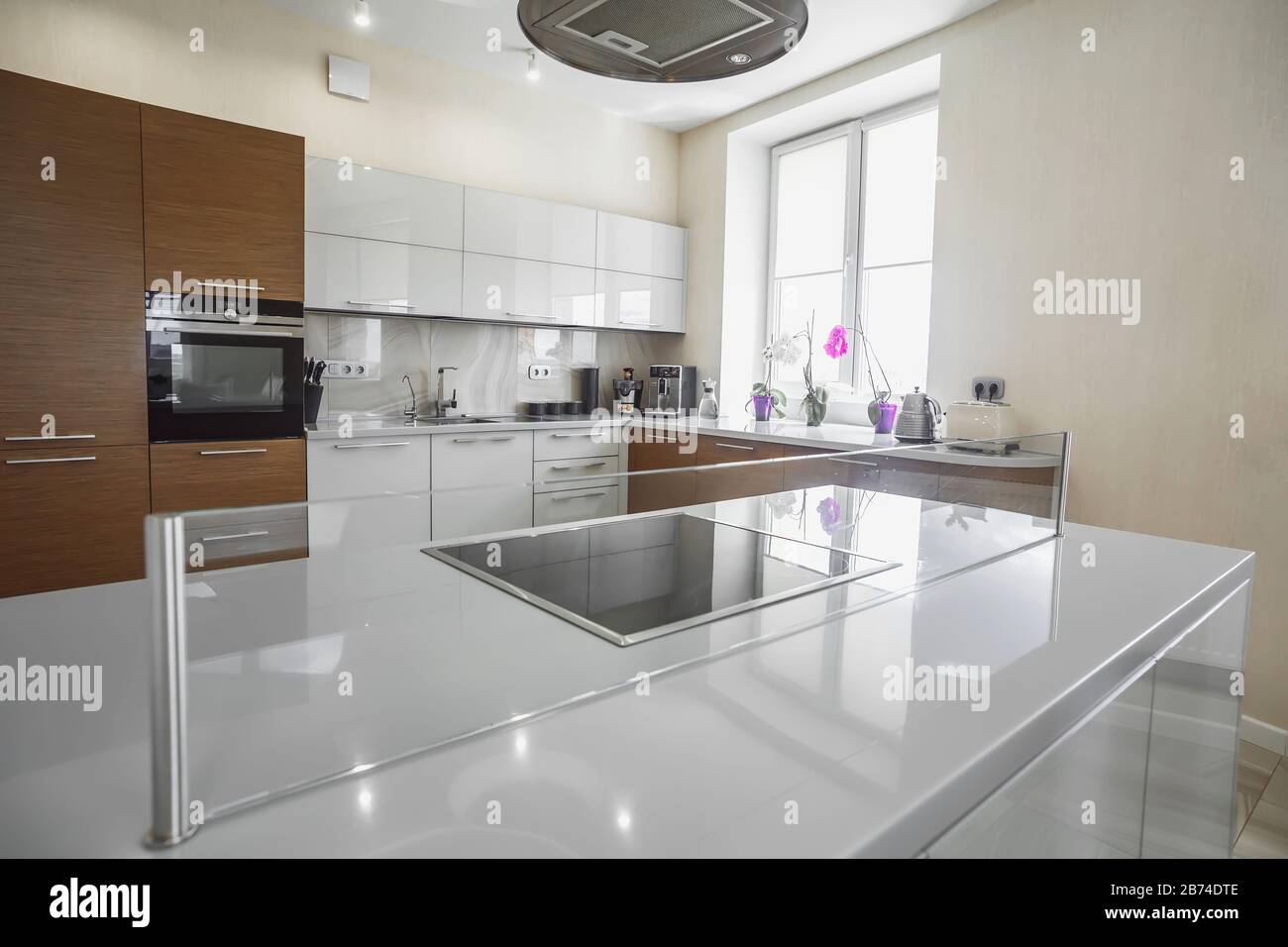 View of luxury expensive modern fitted kitchen with stainless steel