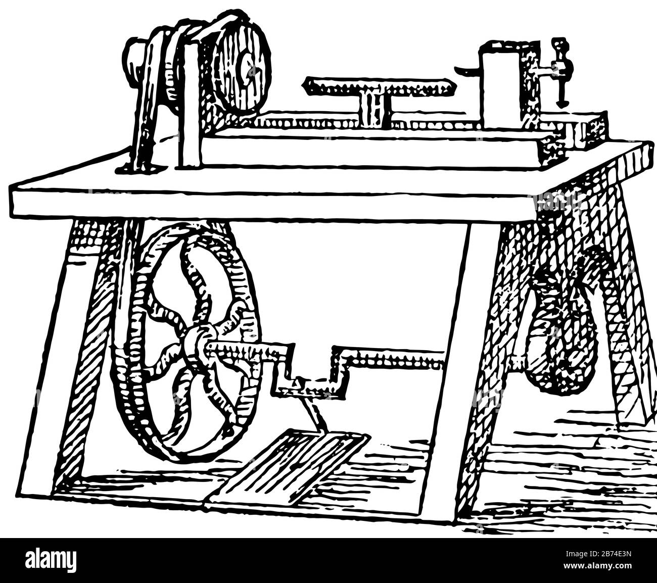 This illustration represents Lathe which is a machine tool for turning or shaping articles of wood or metal, vintage line drawing or engraving illustr Stock Vector
