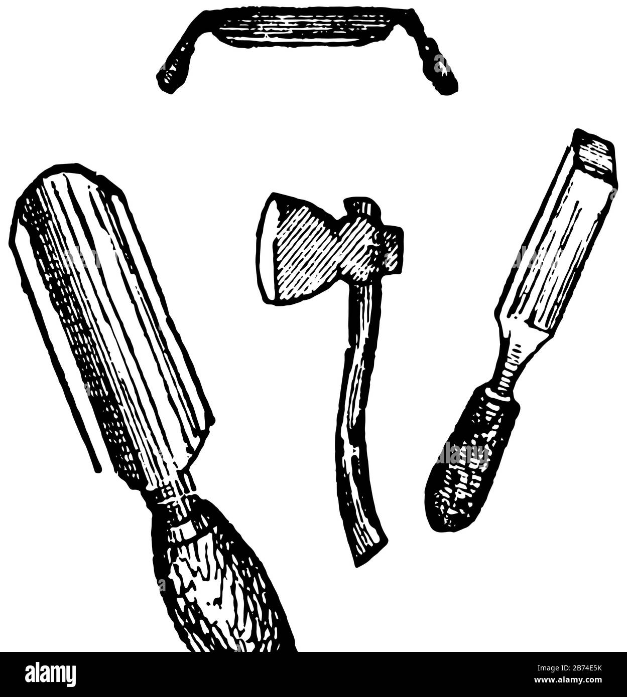 Edge tools which having a sharp edge, vintage line drawing or engraving