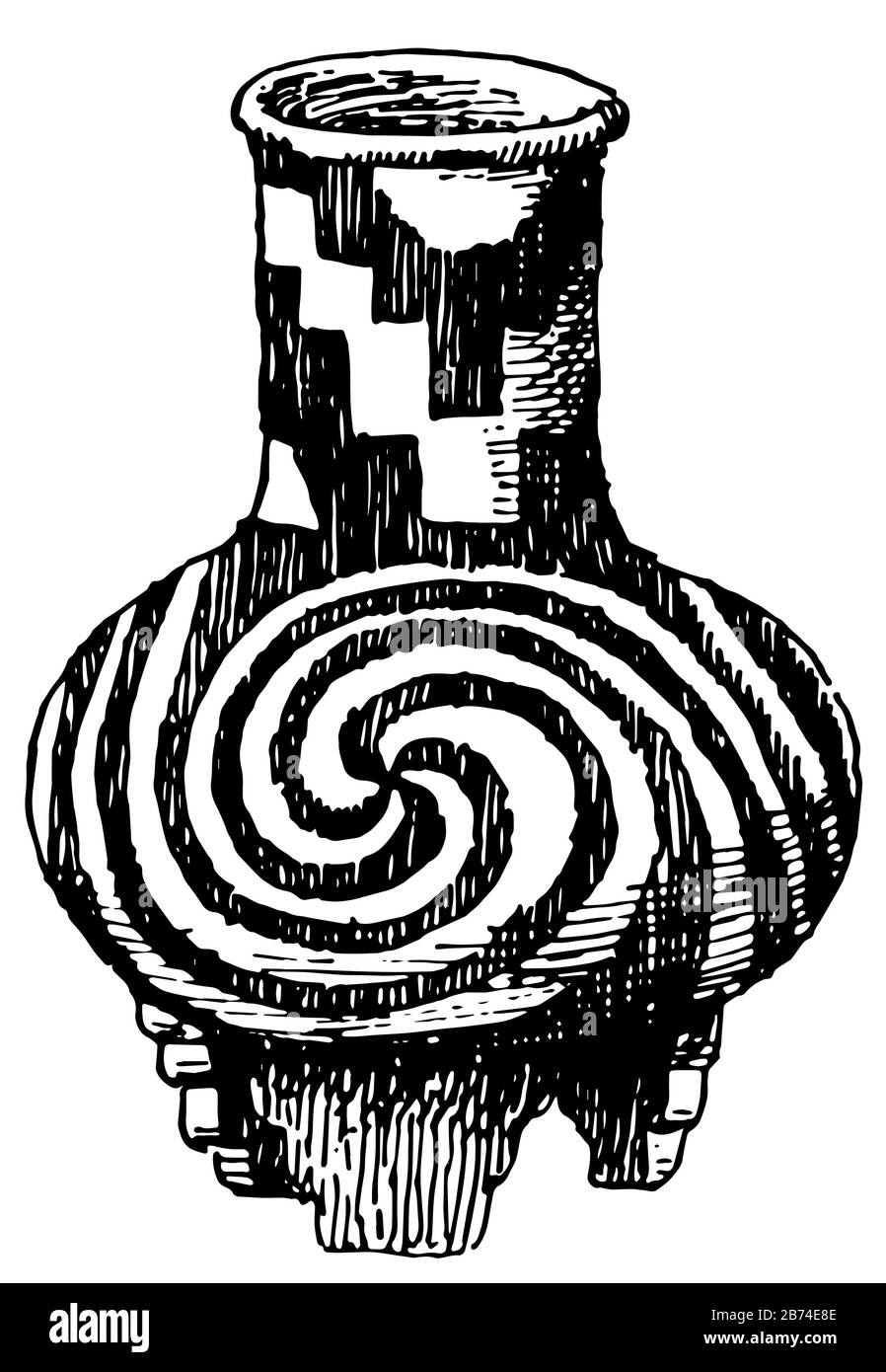 Mexican Jar with Spirals design sketched in the American Museum of Natural History in New York, it is a rigid and approximately cylindrical container Stock Vector