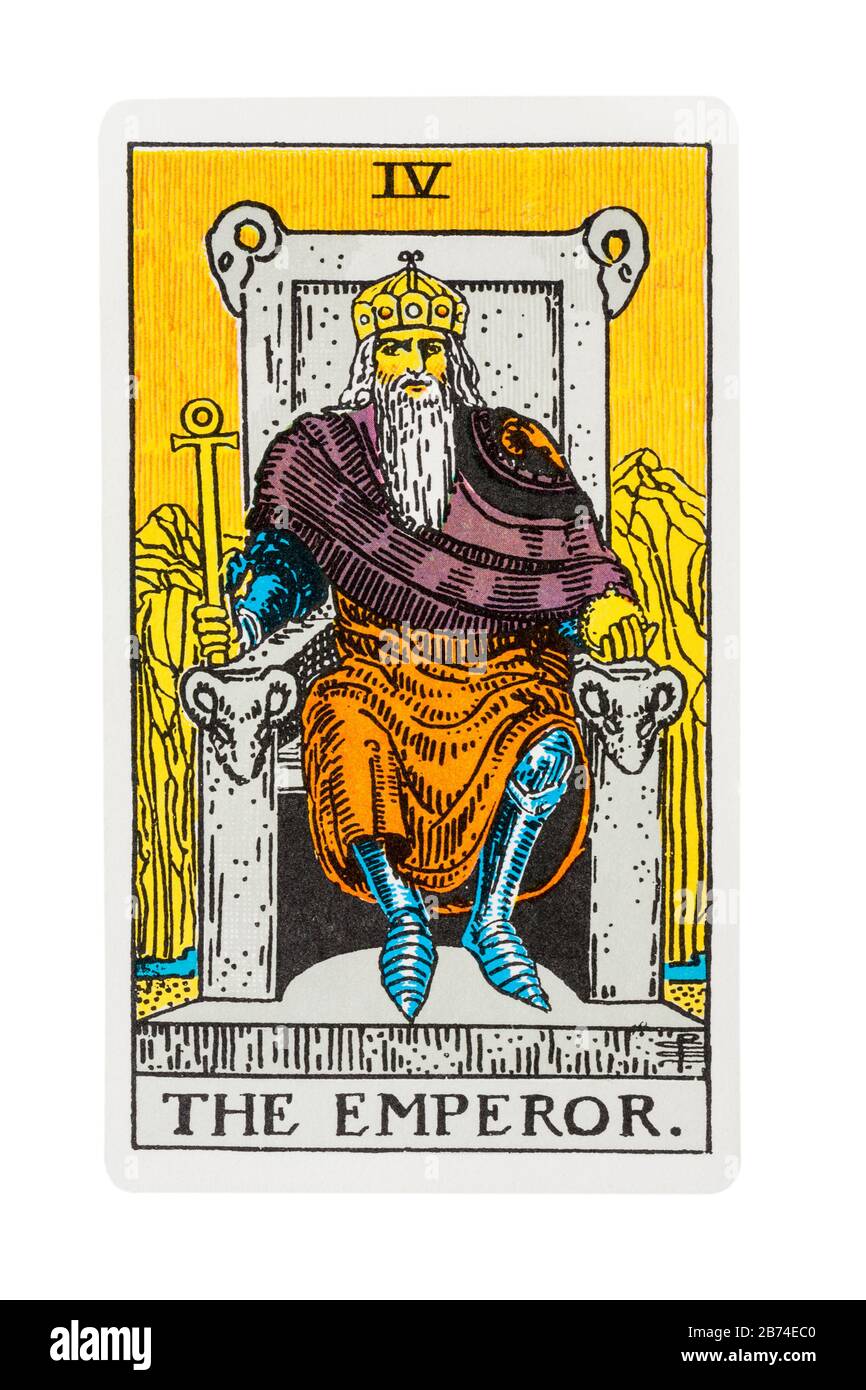 The emperor tarot card from the Rider Tarot Cards designed by Pamela Colman Smith under supervision of Arthur Edward Waite isolated on white Stock Photo