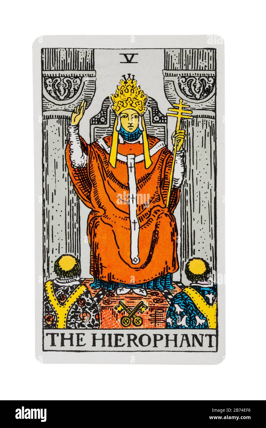 The hierophant tarot card from the Rider Tarot Cards designed by Pamela Colman Smith under supervision of Arthur Edward Waite isolated on white Stock Photo