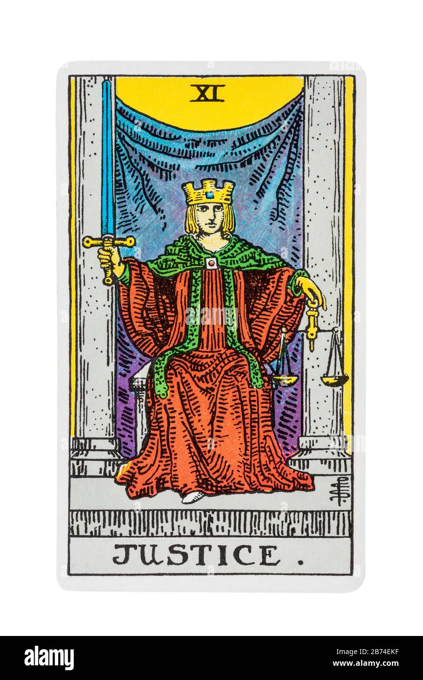 Justice tarot card from the Rider Tarot Cards designed by Pamela Colman Smith under supervision of Arthur Edward Waite isolated on white Stock Photo
