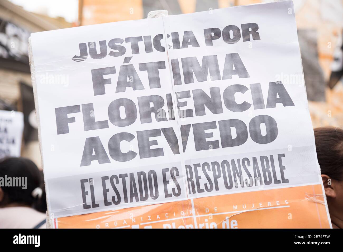 CABA, Buenos Aires / Argentina; March 9, 2020: women's day. Poster asking for justice for Fatima Florencia Acevedo, killed by her ex-partner Stock Photo