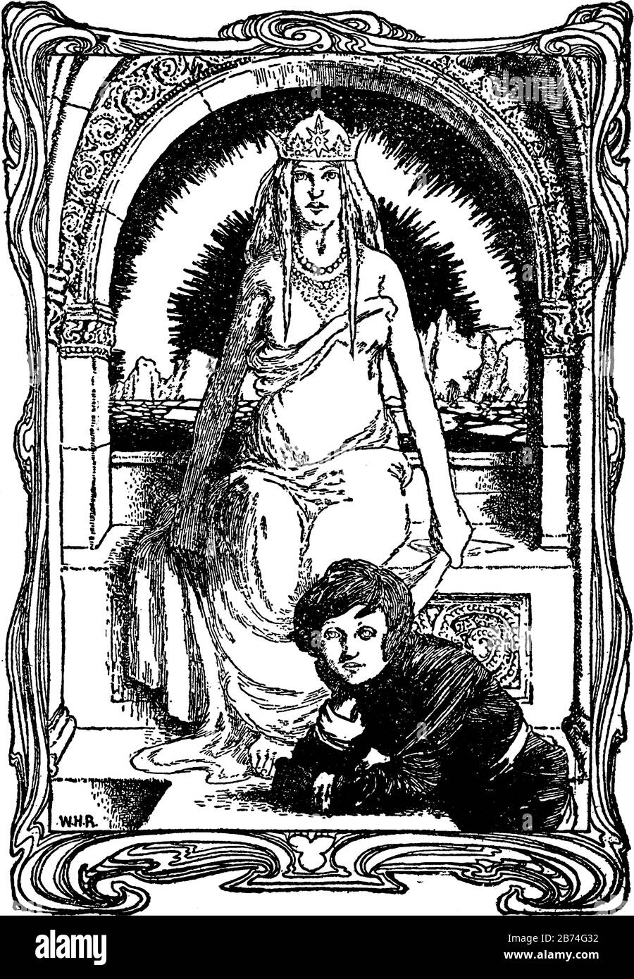 Kay and the Snow Queen, this scene shows a female wearing crown and sitting on chair looks like queen and a boy at her feet, vintage line drawing or e Stock Vector
