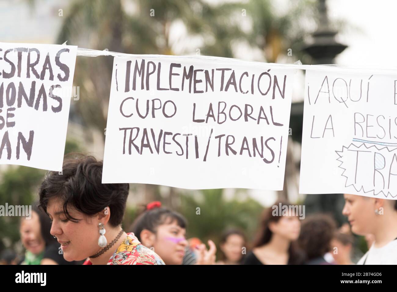 CABA, Buenos Aires / Argentina; March 9, 2020: international women's day. Poster: Implementation of trans labor quota Stock Photo