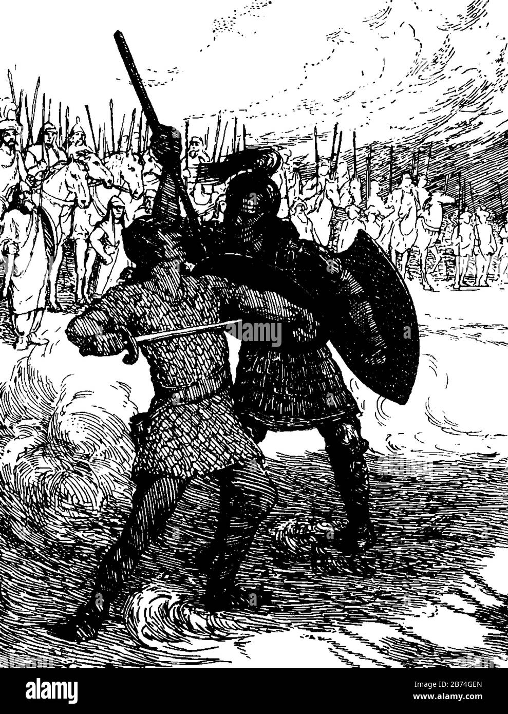 Two soldiers fighting with swords and shields, group of soldiers with