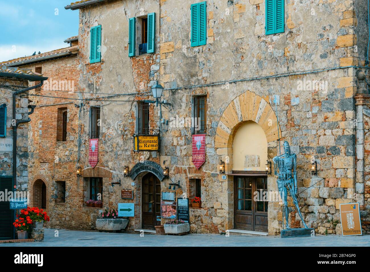 Facade of Museo Monteriggioni in Arme in Piazza Roma, a local history museum housing reproductions of medieval and Renaissance weapons and armour. Stock Photo