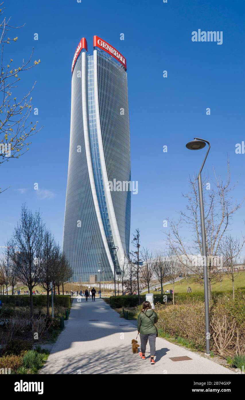 Generali tower, the skyscraper designed by architect Zaha Hadid in CityLife  district. The building is the Assicurazioni Generali insurance headquarter  Stock Photo - Alamy