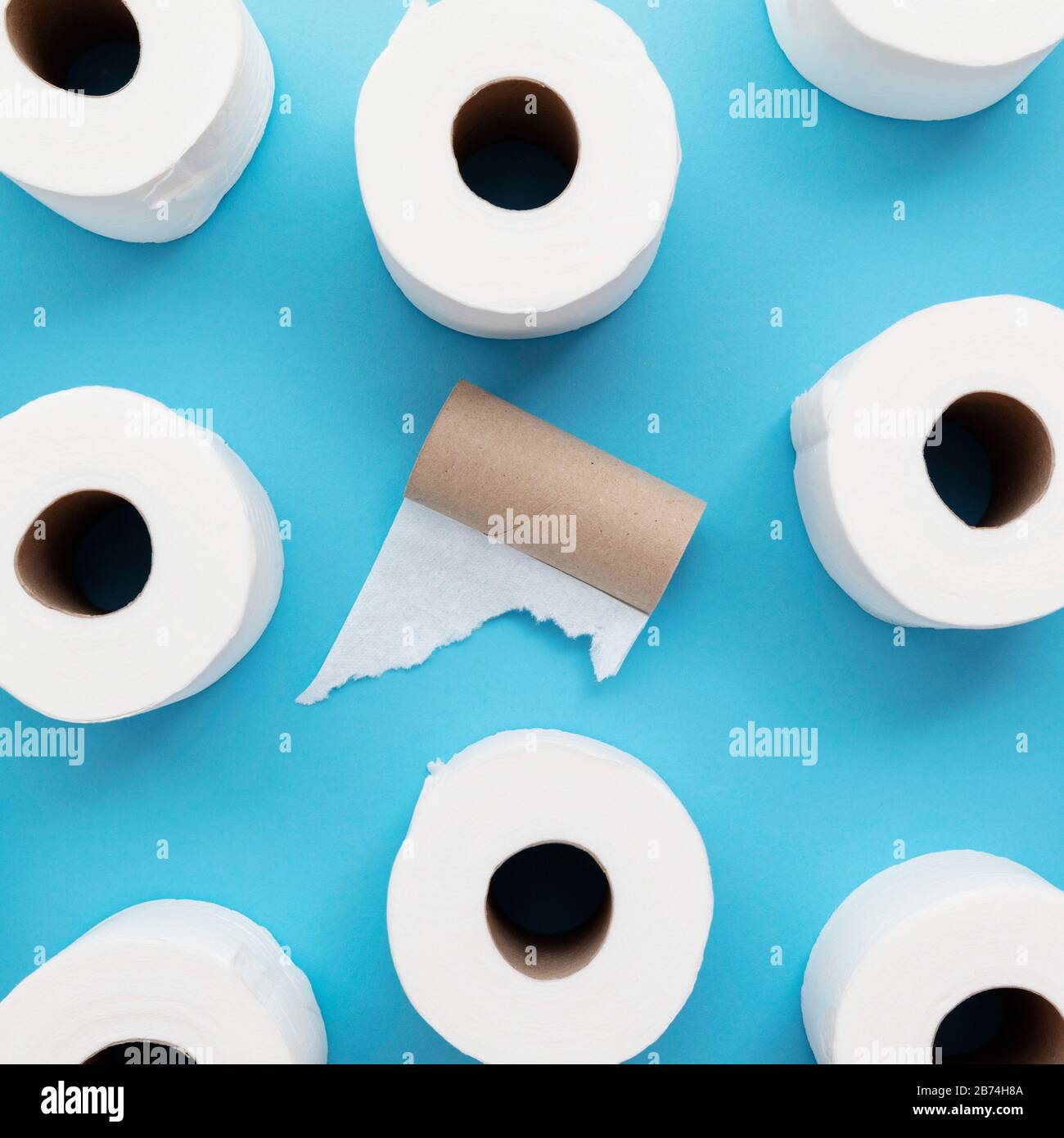 Empty used toilet roll next to a full roll of toilet paper Stock Photo