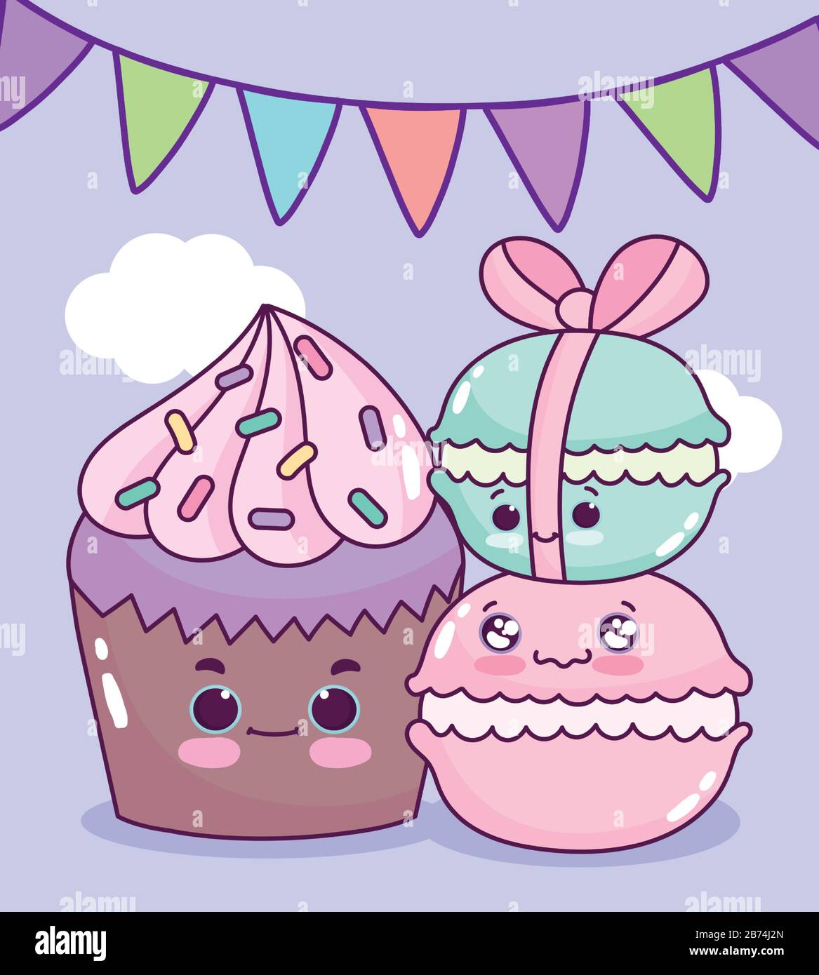cute food cupcake and macaroons pennants sweet dessert pastry cartoon ...