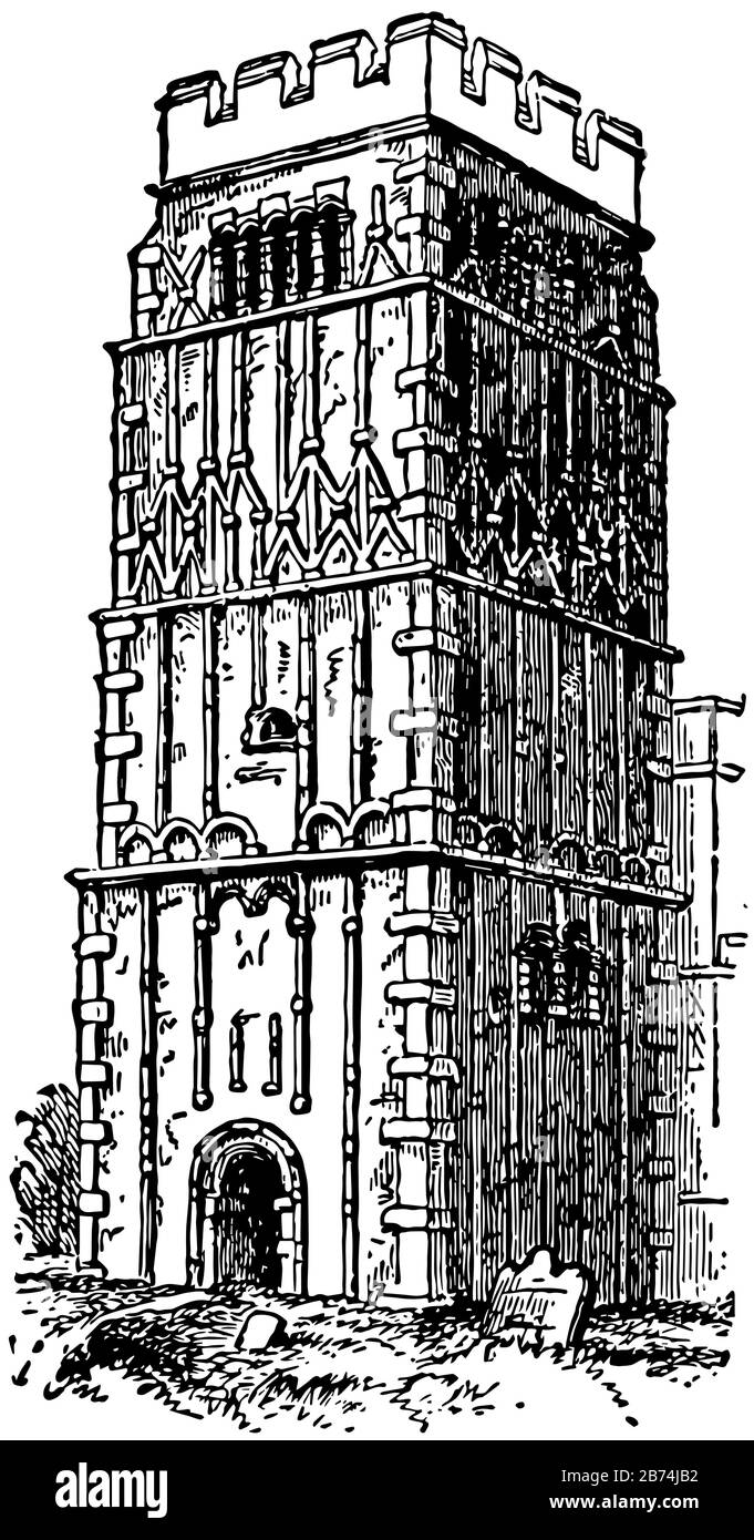 Tower in Northamptonshire, England is massive columns and semicircular arches, late 15th century chantry chapel, beautifully proportioned west, vintag Stock Vector