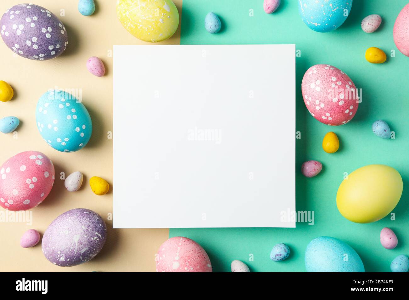 Easter eggs on two tone background, space for text Stock Photo