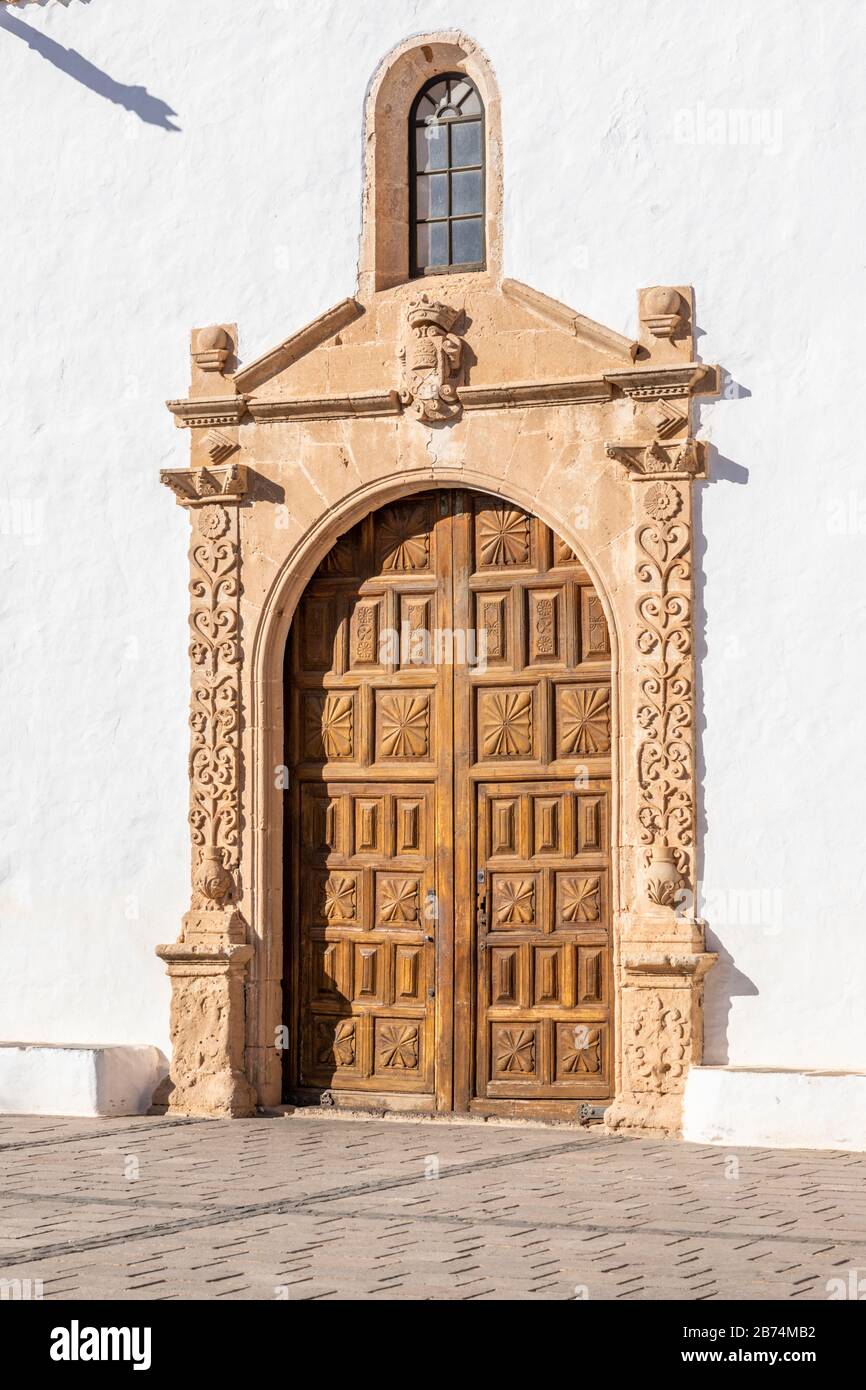 The doorway of Iglesia de Santa Maria de Betancuria church in the small town of Betancuria, the ancient capital of the Canary Island of Fuerteventura Stock Photo