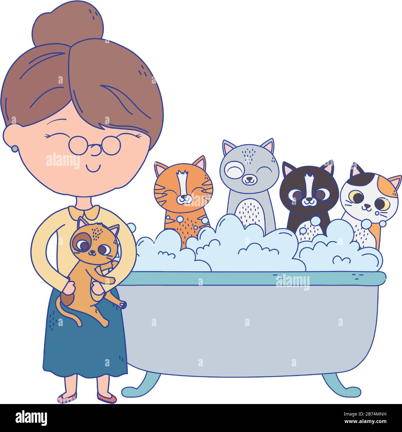 cats make me happy, old woman bathing cats in bathtub with bubbles soap