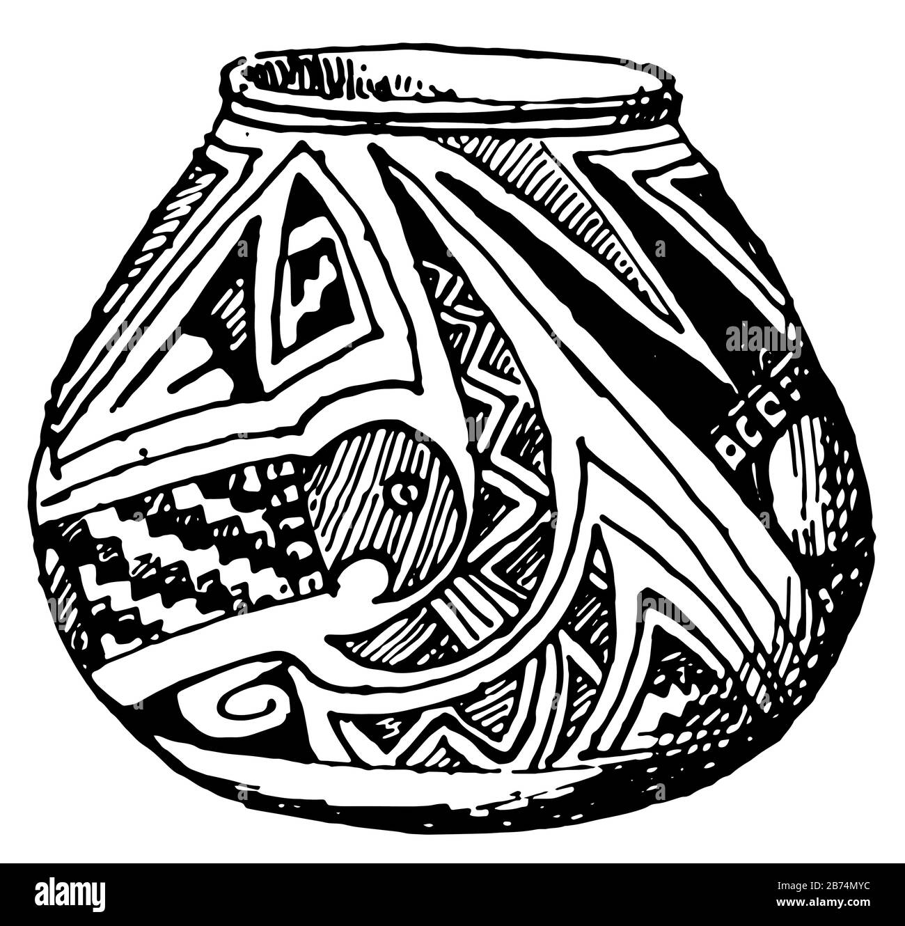 Mexican Jar with Serpant design sketched in the American Museum of Natural History, They are used for items too large to be removed from a narrow neck Stock Vector