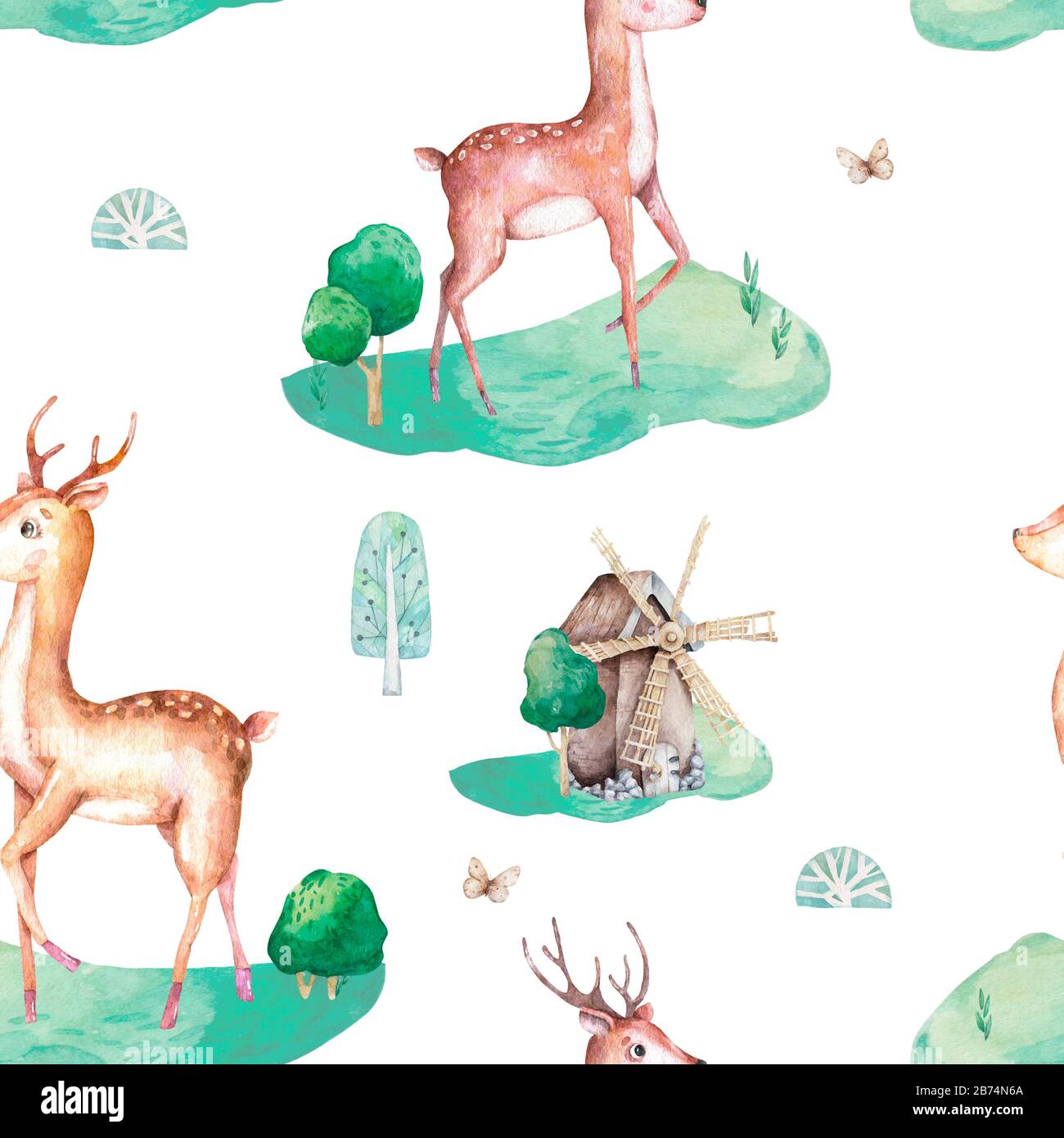 Cute cartoon deer and tree pattern. Colorful illustration for fabric print, wallpaper, wrapping paper. Wood land animals. Forest wildlife Stock Photo - Alamy Cute cartoon deer and tree pattern. Colorful illustration for fabric print, wallpaper, wrapping paper. Wood land animals. Forest wildlife Stock Photo - Alamy