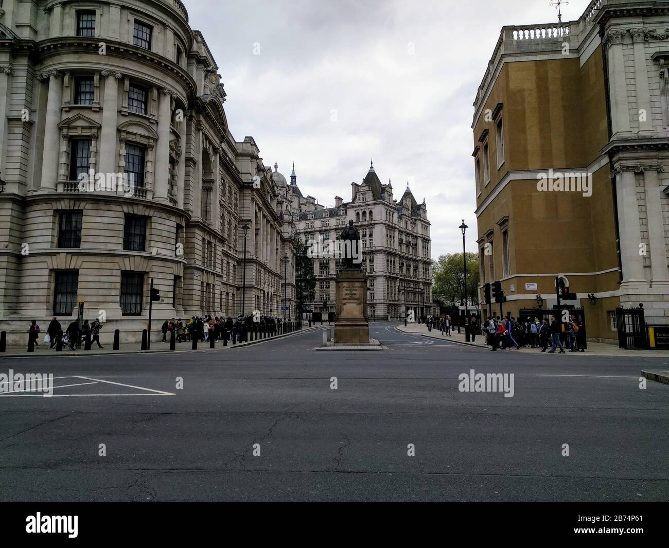 Panoramic shot of Whitehall in Central London with the statue of the Duke of Devonshire Stock Photo