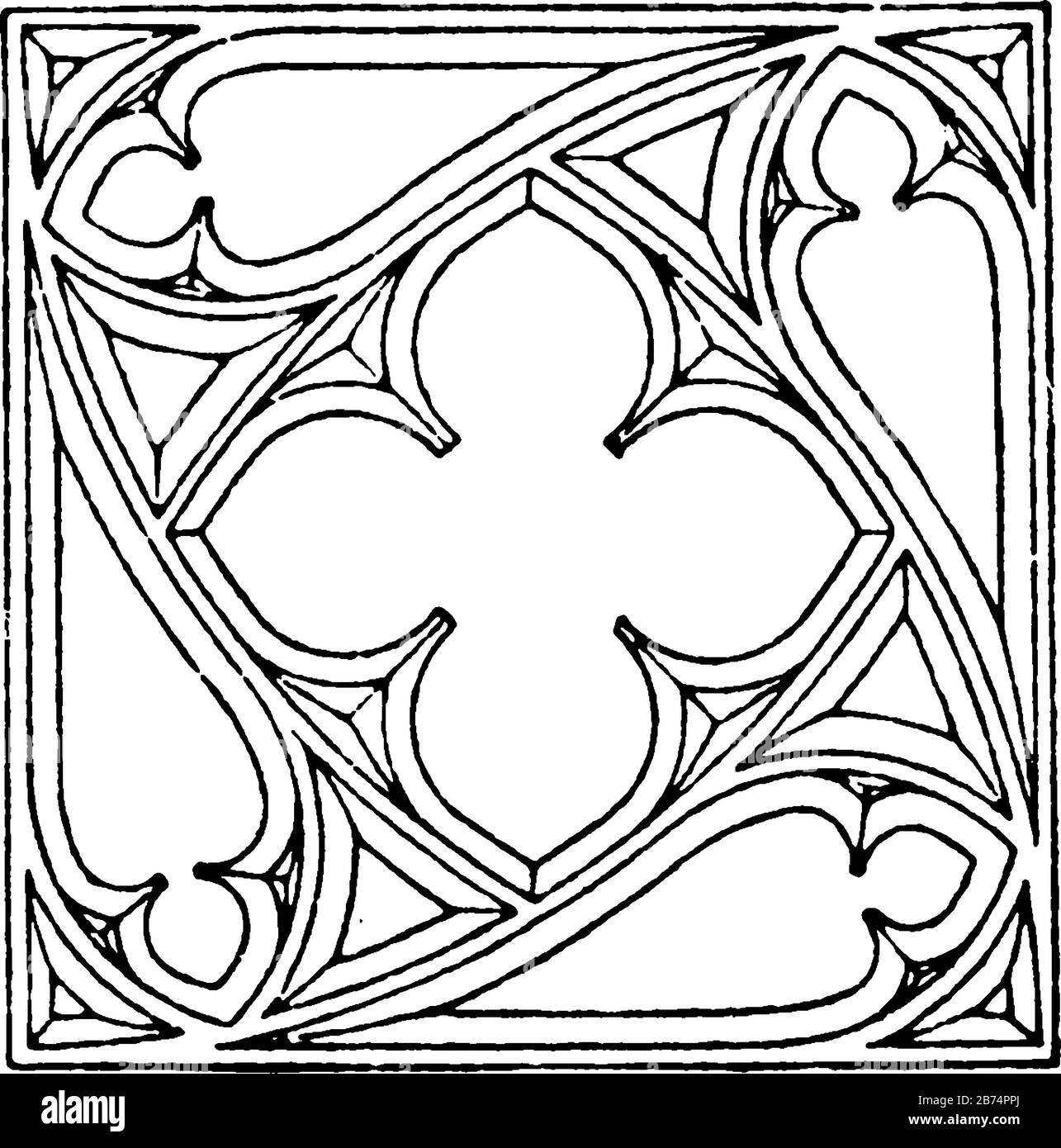 Gothic tracery, Gothic architecture, stained glass window frame, window patterns, vintage line drawing or engraving illustration. Stock Vector