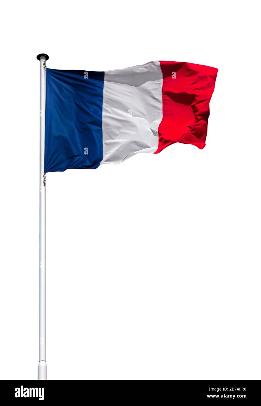 French national flag on flagpole flying in the wind against white background Stock Photo