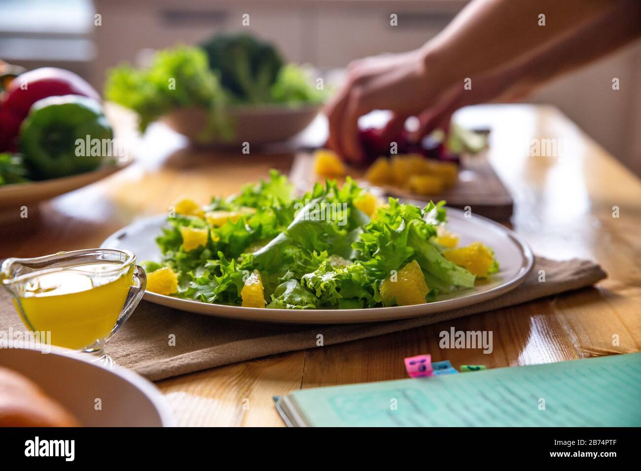 Caesar salad with copyspace on a wooden table Stock Photo