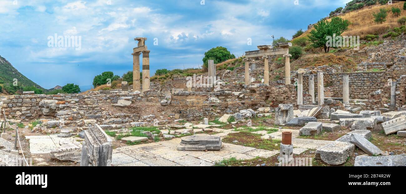 Prytaneion ruins near the State Agora in antique Ephesus city, Turkey, on a sunny summer day Stock Photo
