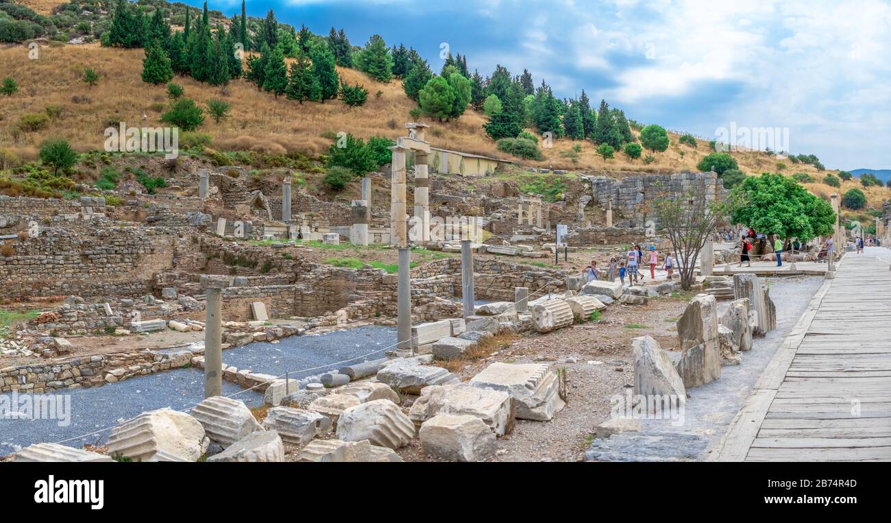 Ephesus, Turkey – 07.17.2019. Prytaneion ruins near the State Agora in antique Ephesus city, Turkey, on a sunny summer day Stock Photo