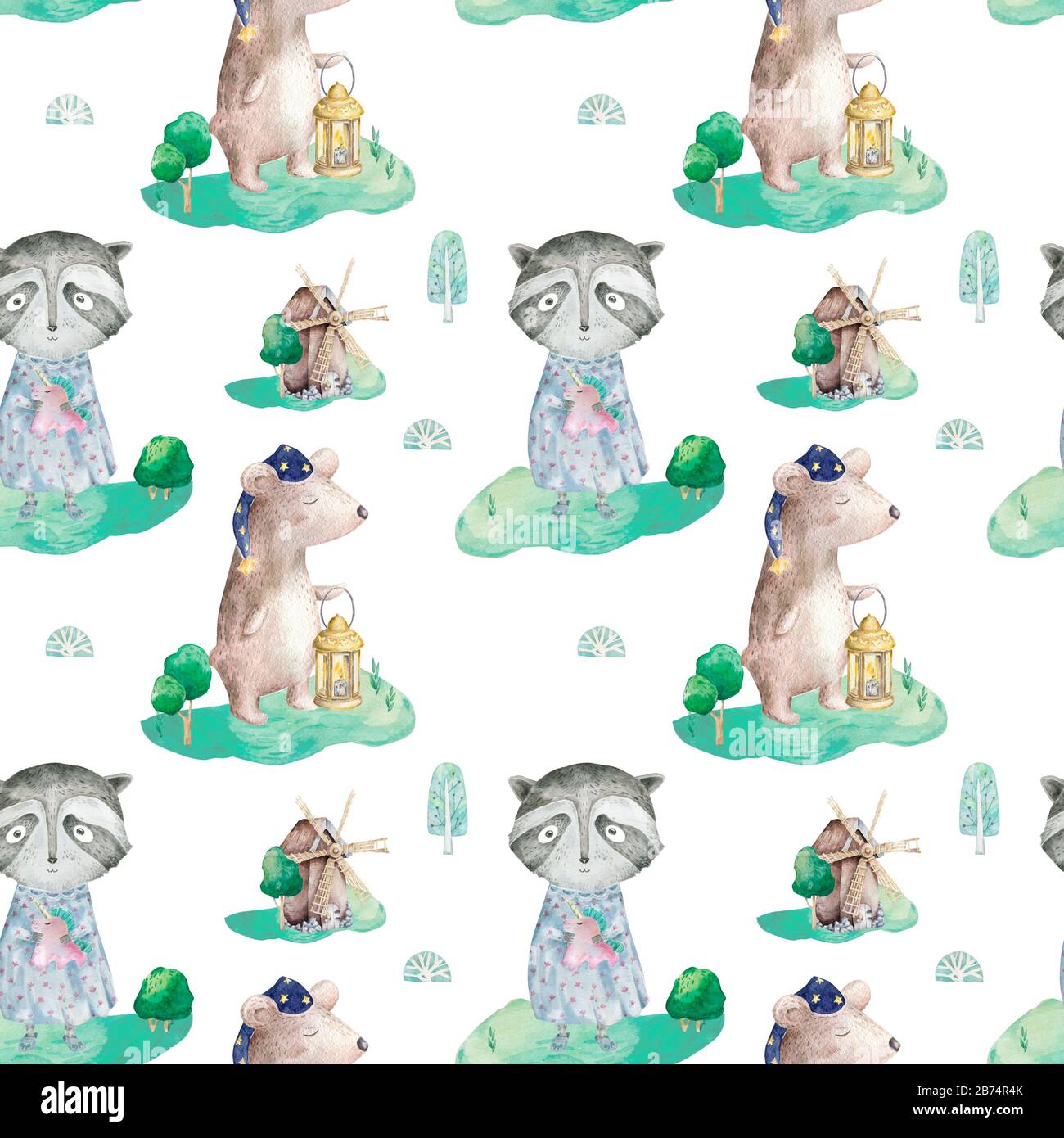 Seamless pattern with cute baby raccoon and sleeping bear. Kids ...