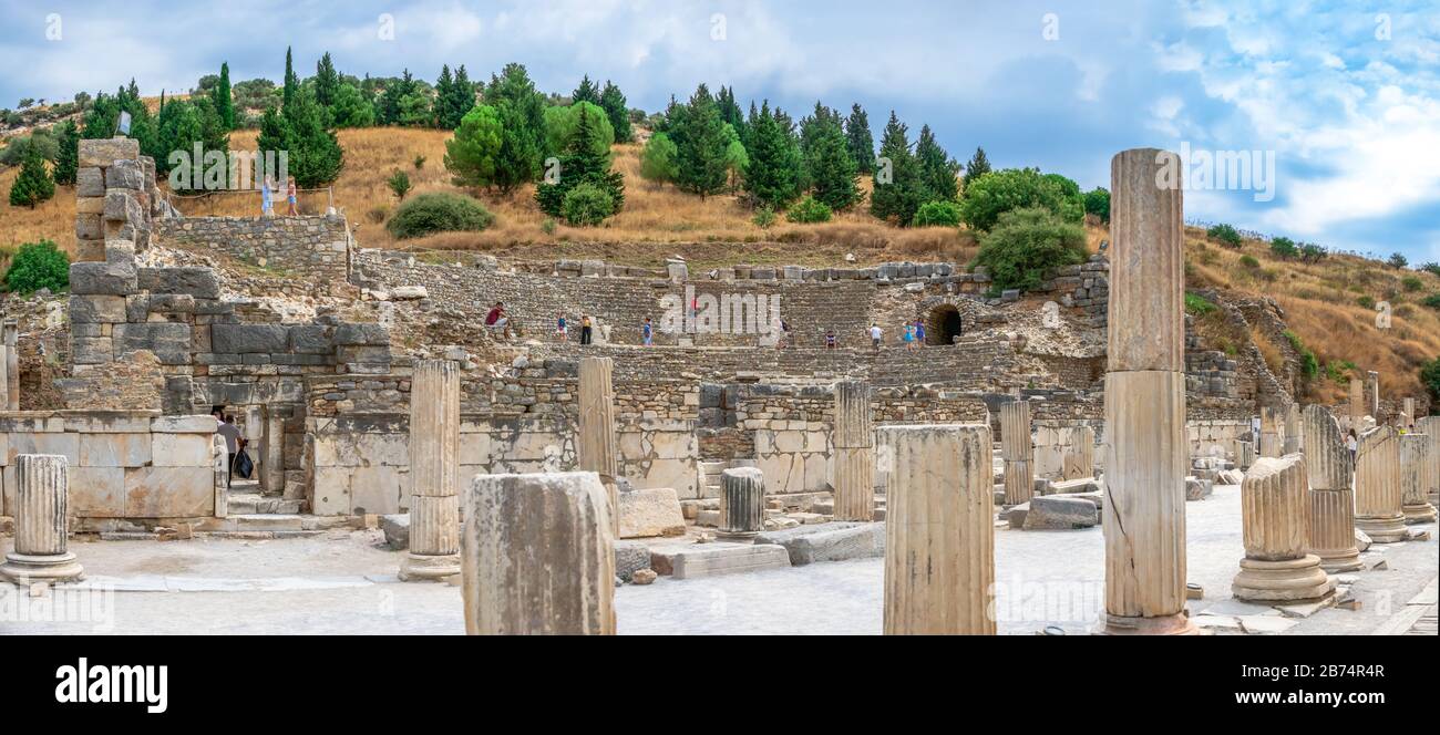 Ephesus, Turkey – 07.17.2019. Prytaneion ruins near the State Agora in antique Ephesus city, Turkey, on a sunny summer day Stock Photo