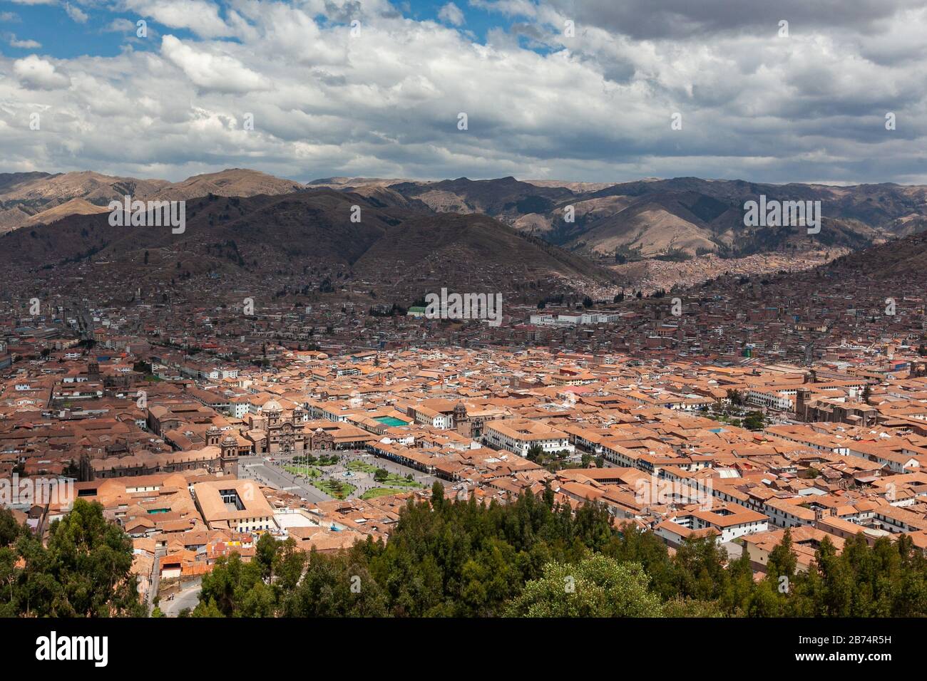 Panorama view historical center Cusco Peru red roofs plaza armas Stock Photo