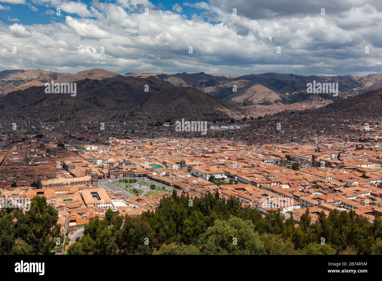 Panorama view historical center Cusco Peru red roofs plaza armas Stock Photo