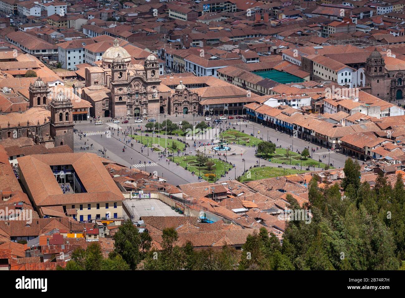 Panorama view historical center Cusco Peru red roofs plaza armas Stock Photo