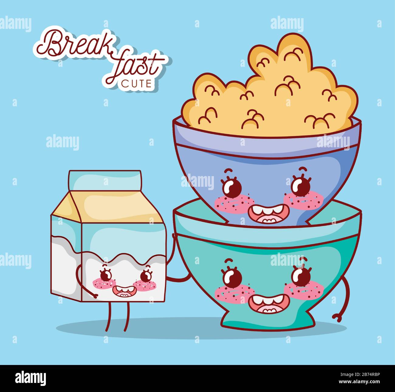 breakfast cute bowl with cereal and milk box cartoon vector